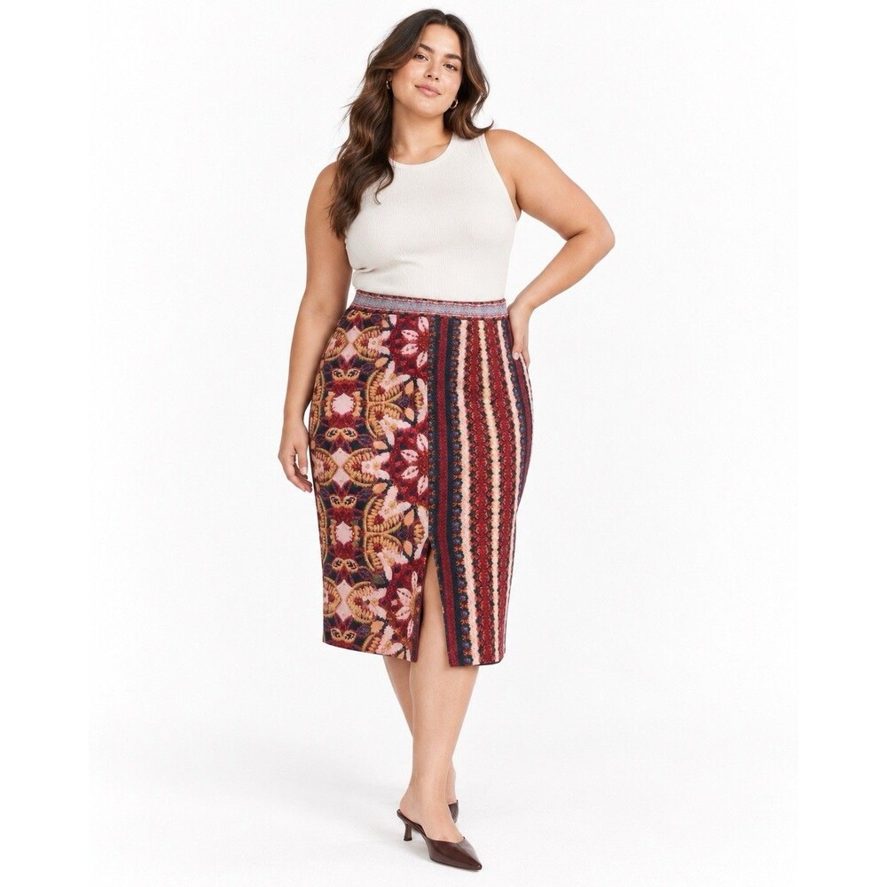 Maeve Marala Anthropologie XL Patchwork Floral Stripe Pencil Skirt Slit Boho
